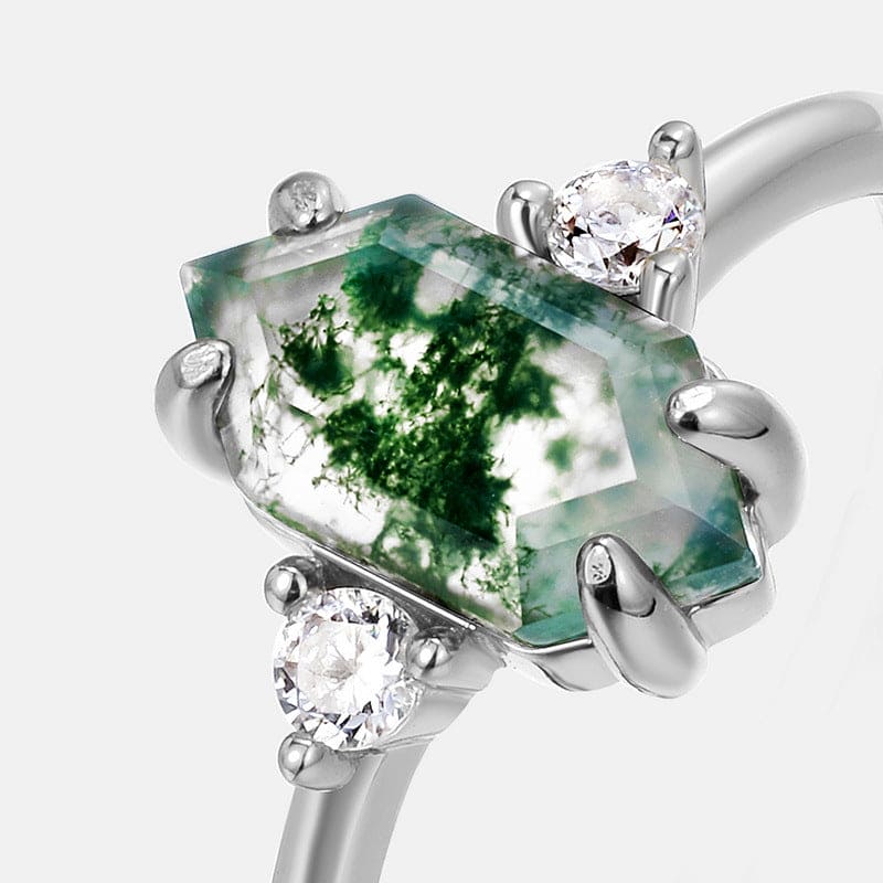Gemstone Trio Elegance Natural Moss Agate Ring - S925 Sterling Silver