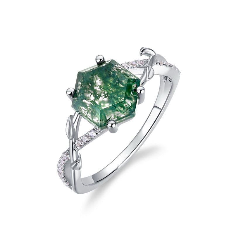 Hexagonal Cut Natural Moss Agate Diamond Detail Ring - S925 Sterling Silver