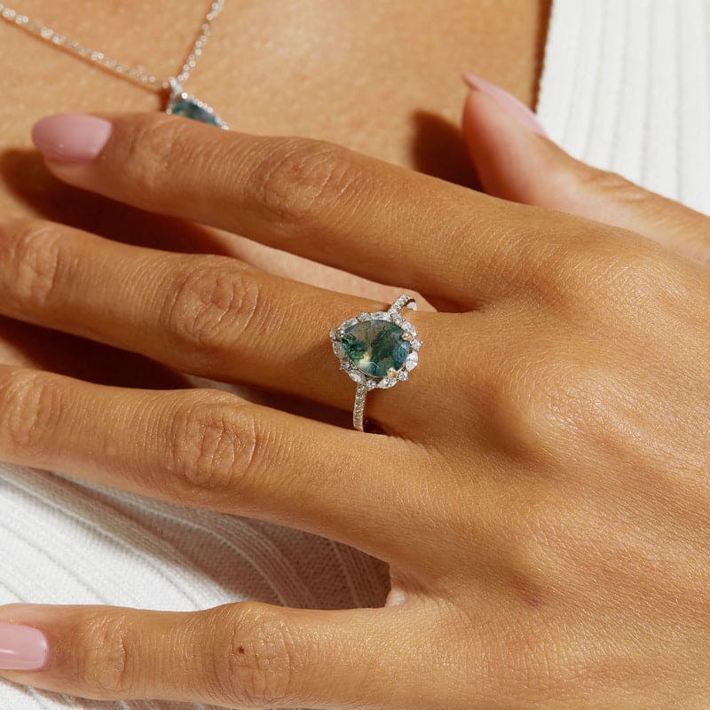 Marquise Cut Natural Moss Agate Diamond Halo Ring - S925 Sterling Silver