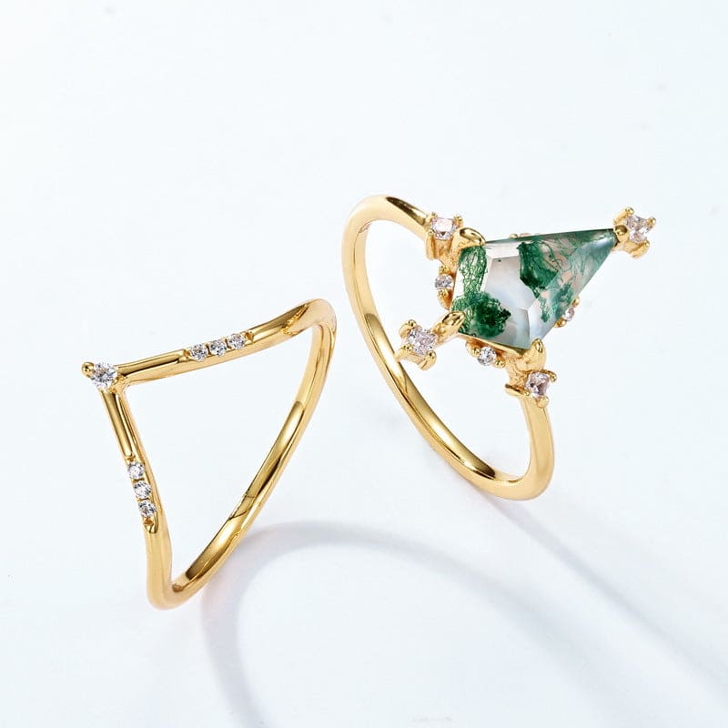 Kite Cut Natural Moss Agate Gold Ring Set - S925 Sterling Silver