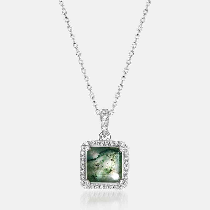 Square Cut Natural Moss Agate Halo Pendant Necklace - S925 Sterling Silver