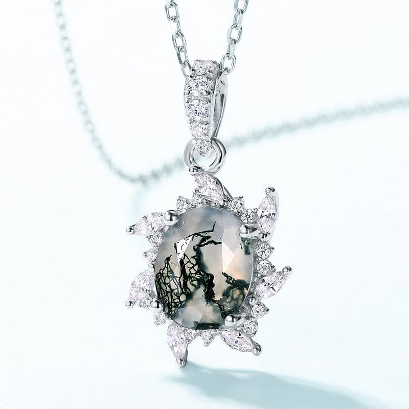 Starburst Natural Moss Agate Pendant Necklace - S925 Sterling Silver