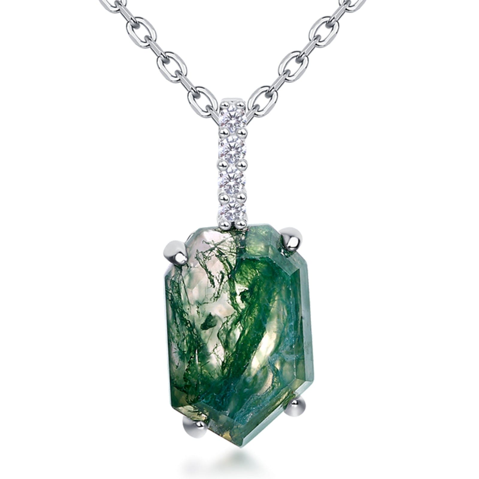 Coffin Cut Natural Moss Agate Column Pendant Necklace - S925 Sterling Silver
