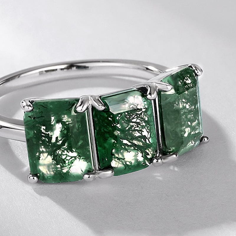 Triple Natural Moss Agate Bars Ring - S925 Sterling Silver