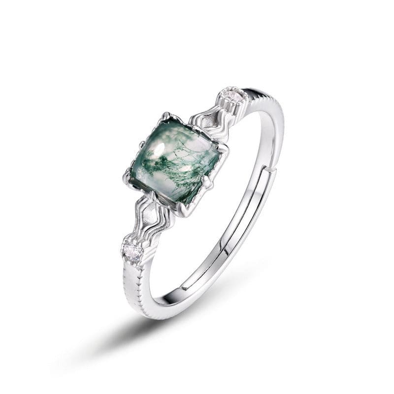 Cushion Cut Natural Moss Agate Wavy Band Ring - S925 Sterling Silver