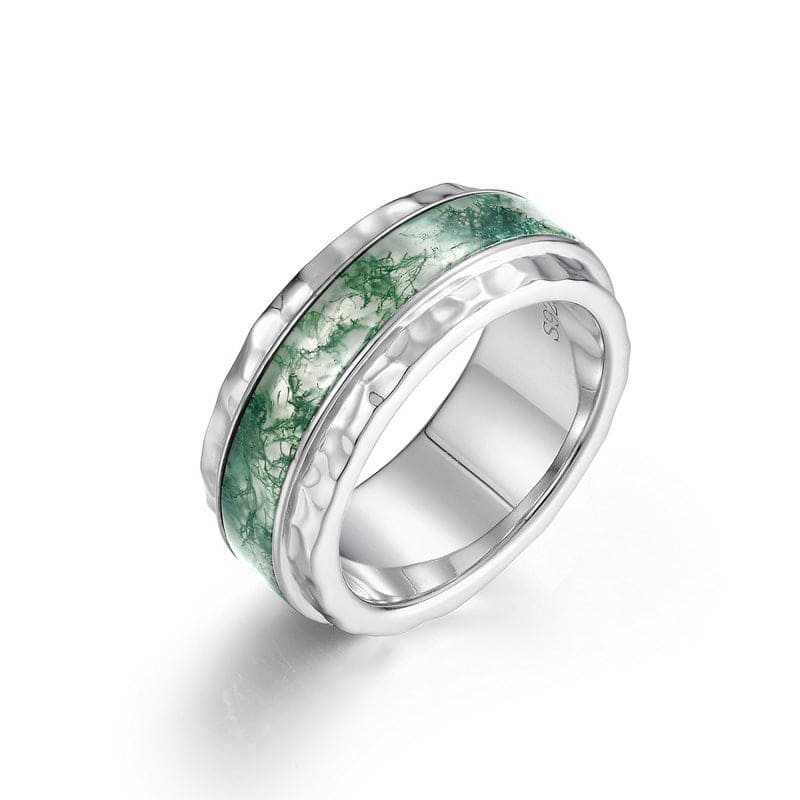 Natural Moss Agate Streamline Inlay Band Ring - S925 Sterling Silver