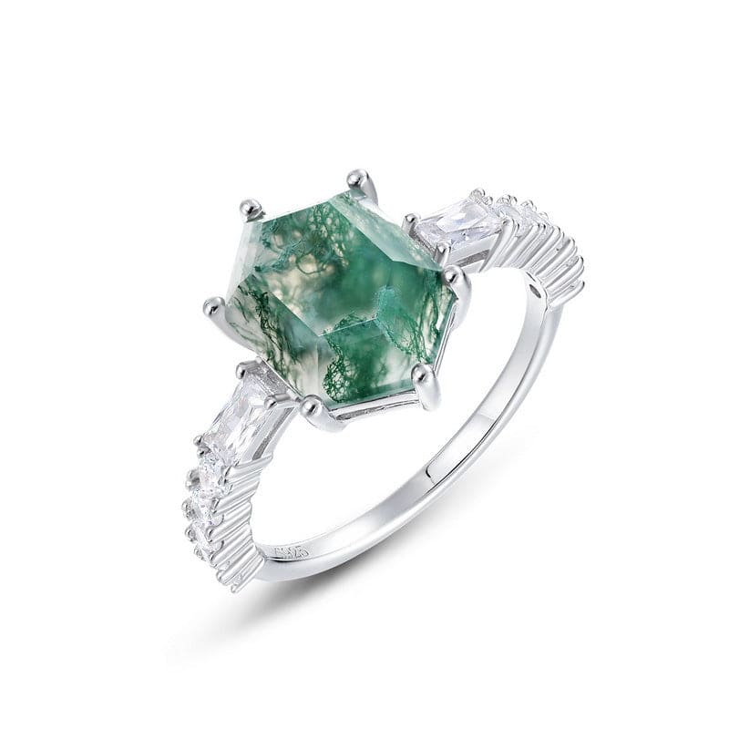 Hexagonal Natural Moss Agate Baguette Accent Ring - S925 Sterling Silver
