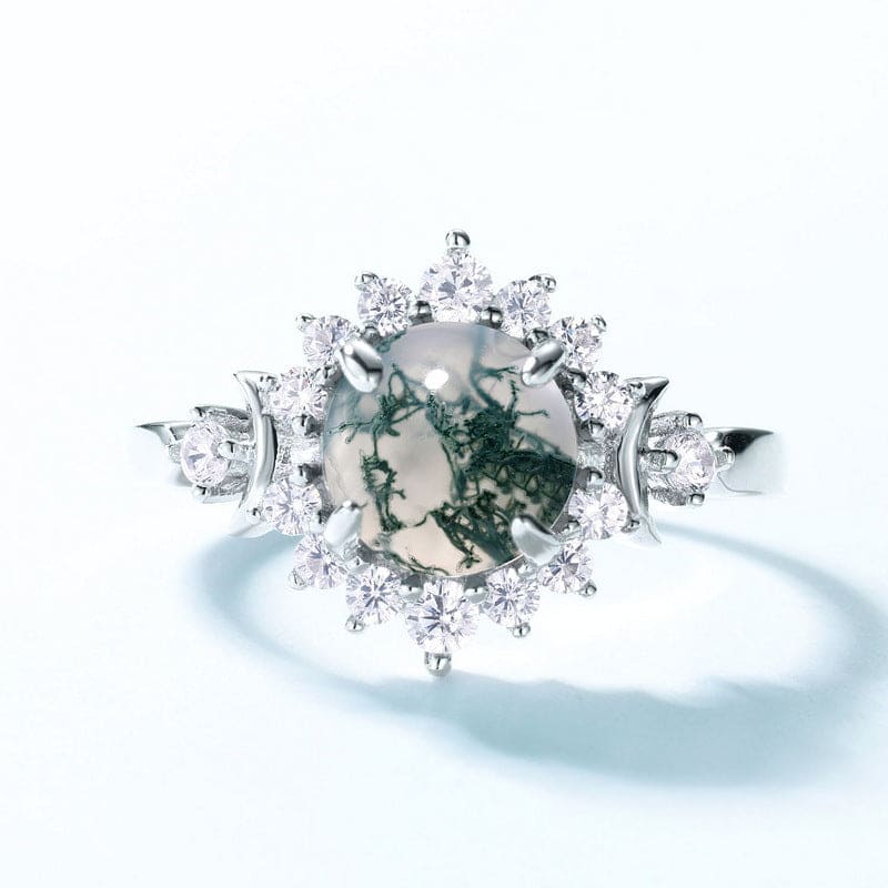 Round Natural Moss Agate Floral Halo Ring - S925 Sterling Silver