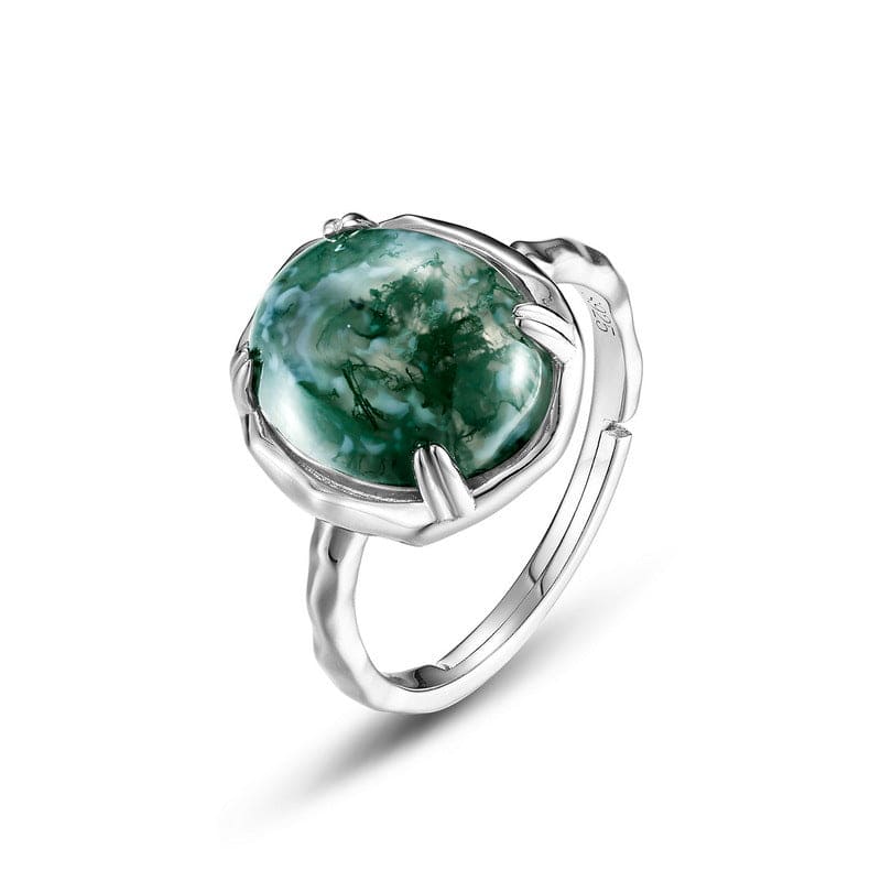 Organic Flow Natural Moss Agate Ring - S925 Sterling Silver