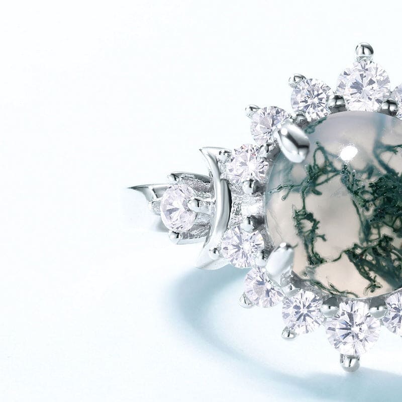 Round Natural Moss Agate Floral Halo Ring - S925 Sterling Silver