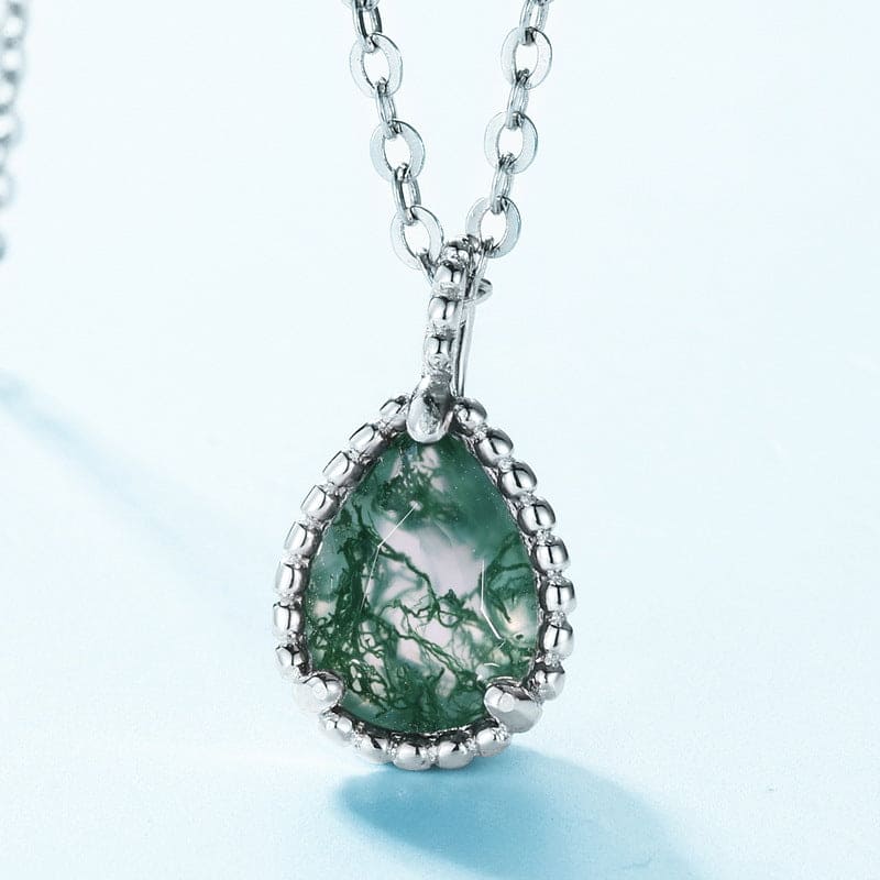 Teardrop Natural Moss Agate Basket Weave Pendant Necklace - S925 Sterling Silver