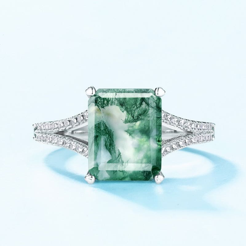 Cushion Cut Natural Moss Agate Diamond Halo Ring - S925 Sterling Silver