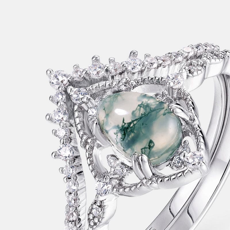 Diamond Encrusted Oval Cut Natural Agate Ring Set - S925 Sterling Silver