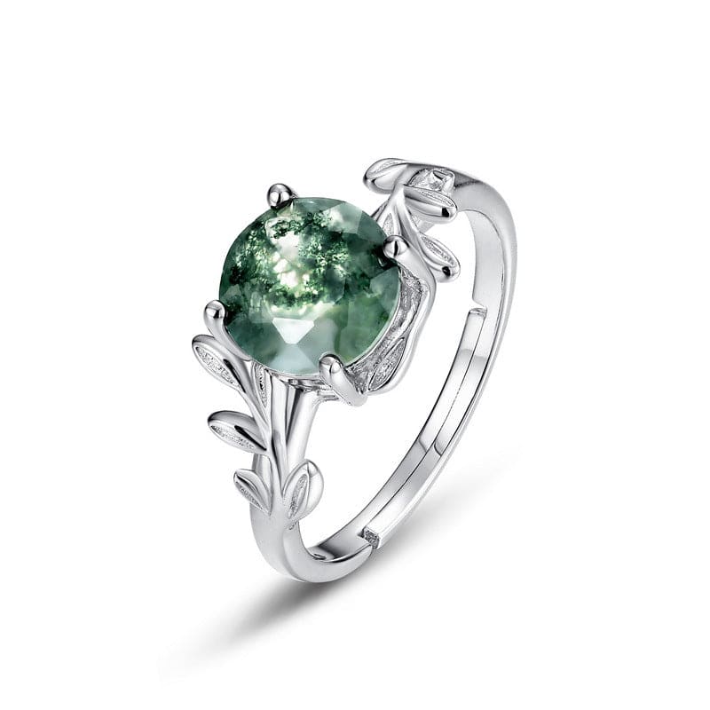 Floral Crest Natural Moss Agate Ring - S925 Sterling Silver
