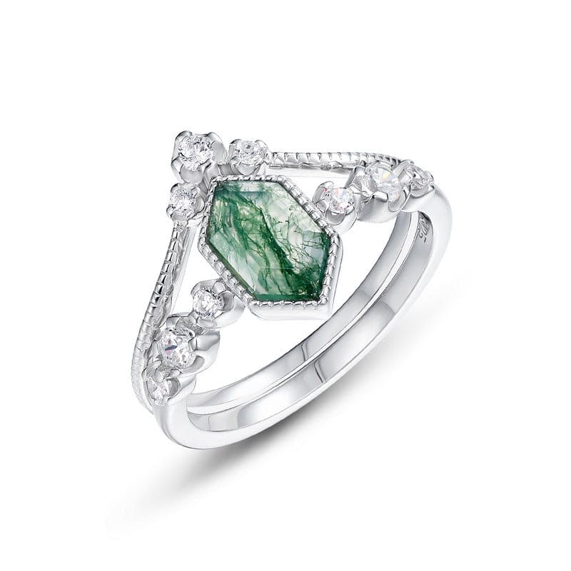 Serenity Kite Cut Moss Agate & Diamond Ring Duo - S925 Sterling Silver