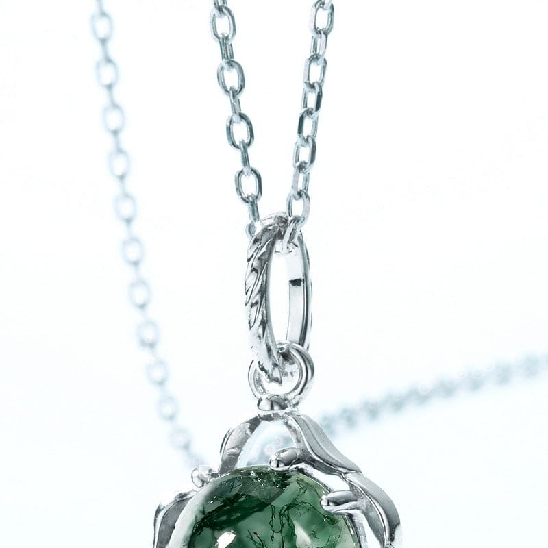 Celtic Knot Natural Moss Agate Pendant Necklace - S925 Sterling Silver