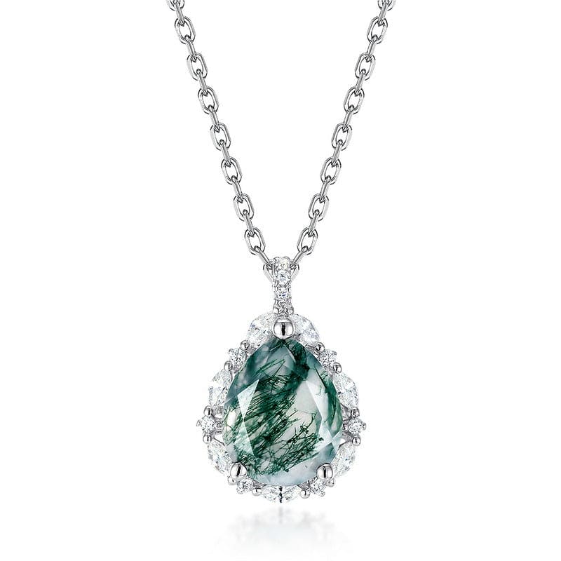 Ethereal Forest Moss Agate Teardrop Pendant Necklace - S925 Sterling Silver