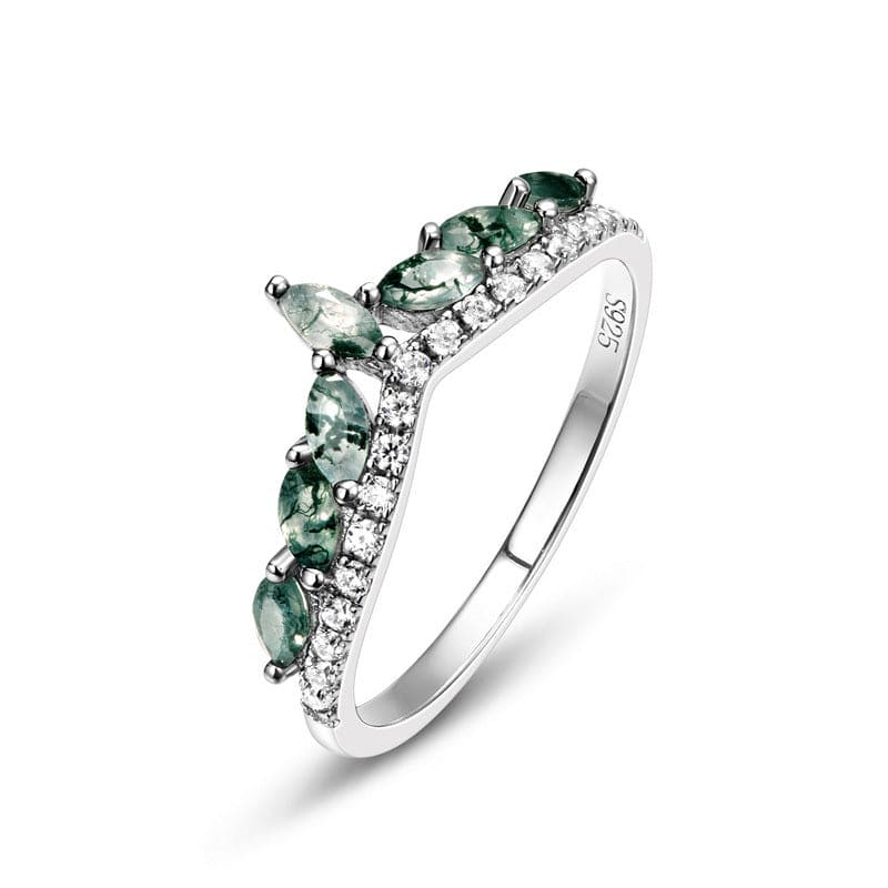 Eternity Wave Natural Moss Agate Diamond Ring - S925 Sterling Silver