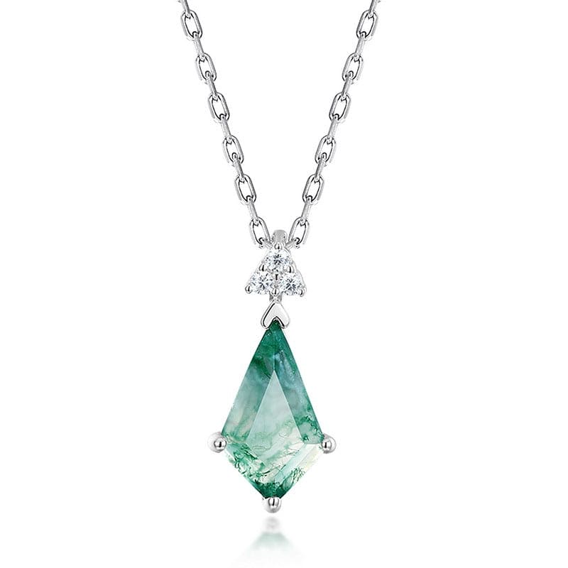 Trillion Cut Natural Moss Agate Point Necklace - S925 Sterling Silver