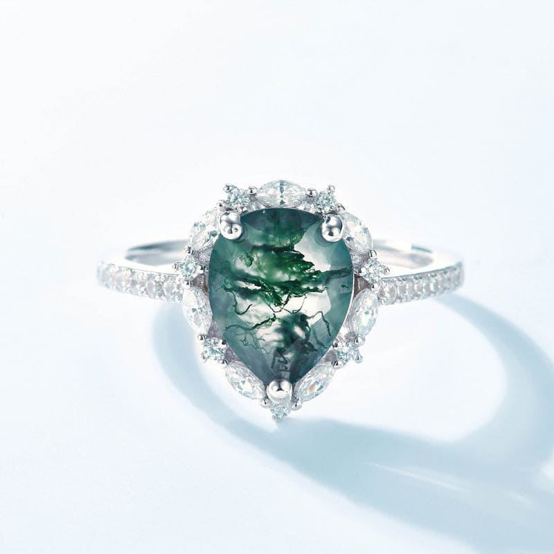 Marquise Cut Natural Moss Agate Diamond Halo Ring - S925 Sterling Silver