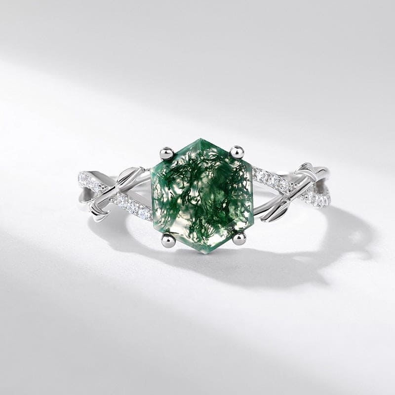 Hexagonal Cut Natural Moss Agate Diamond Detail Ring - S925 Sterling Silver