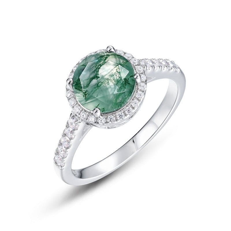 Oval Natural Moss Agate and Diamond Accented Ring - S925 Sterling Silver