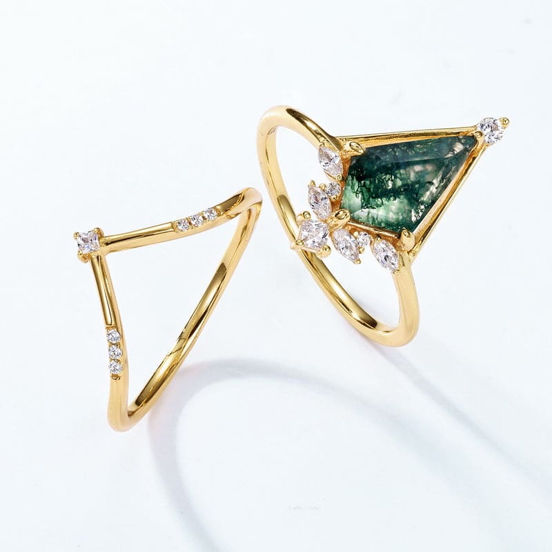 Triangular Moss Agate Diamond Accent Pyramid Ring Set - S925 Sterling Silver