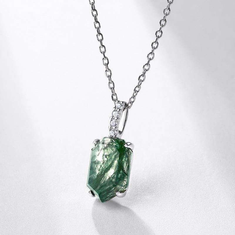 Coffin Cut Natural Moss Agate Column Pendant Necklace - S925 Sterling Silver