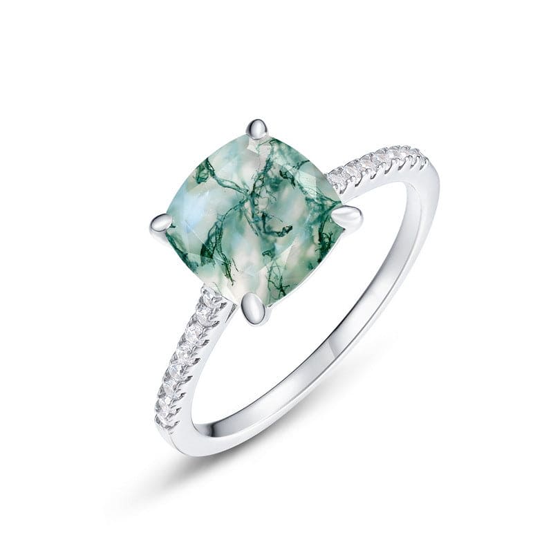 Cushion Cut Natural Moss Agate Pavé Ring - S925 Sterling Silver