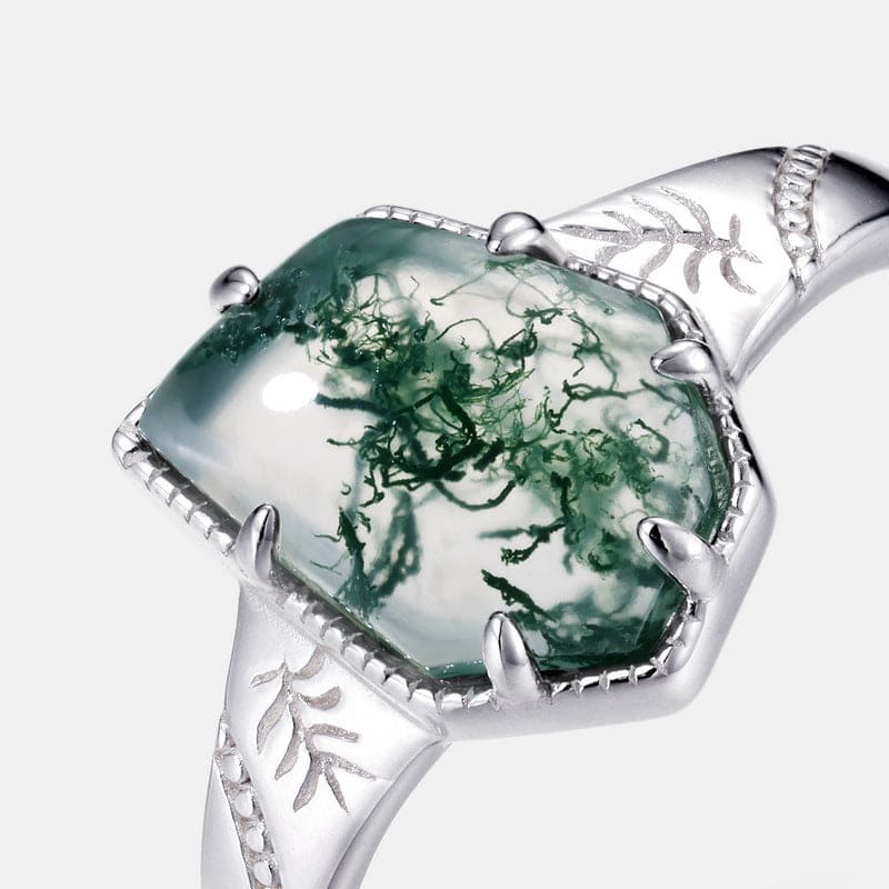 Cushion Cut Natural Moss Agate Leaf Design Ring - S925 Sterling Silver