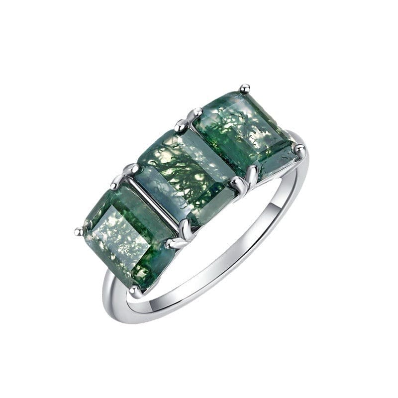 Triple Natural Moss Agate Bars Ring - S925 Sterling Silver