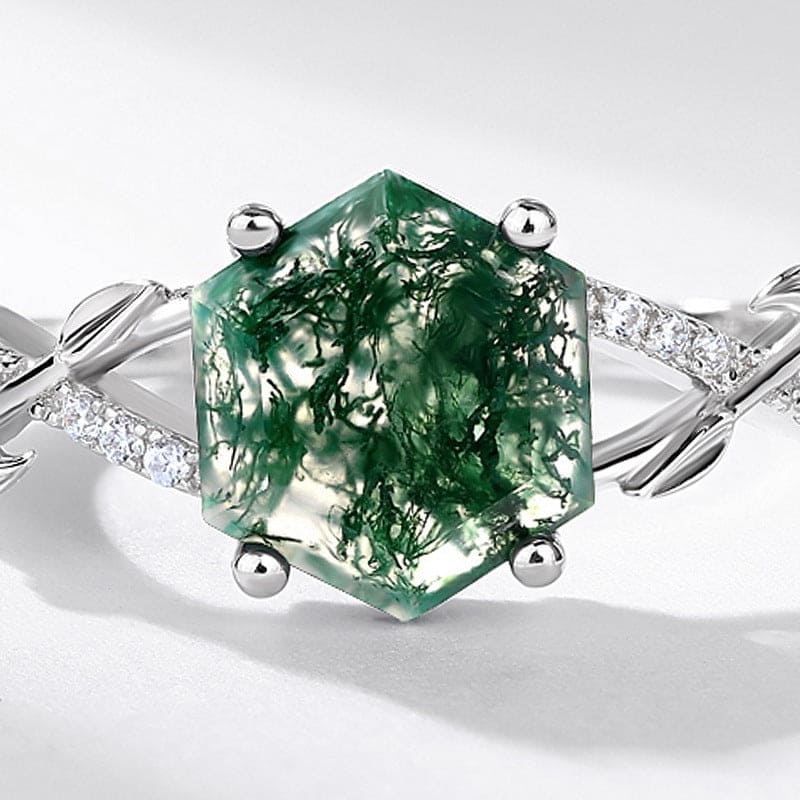 Hexagonal Cut Natural Moss Agate Diamond Detail Ring - S925 Sterling Silver