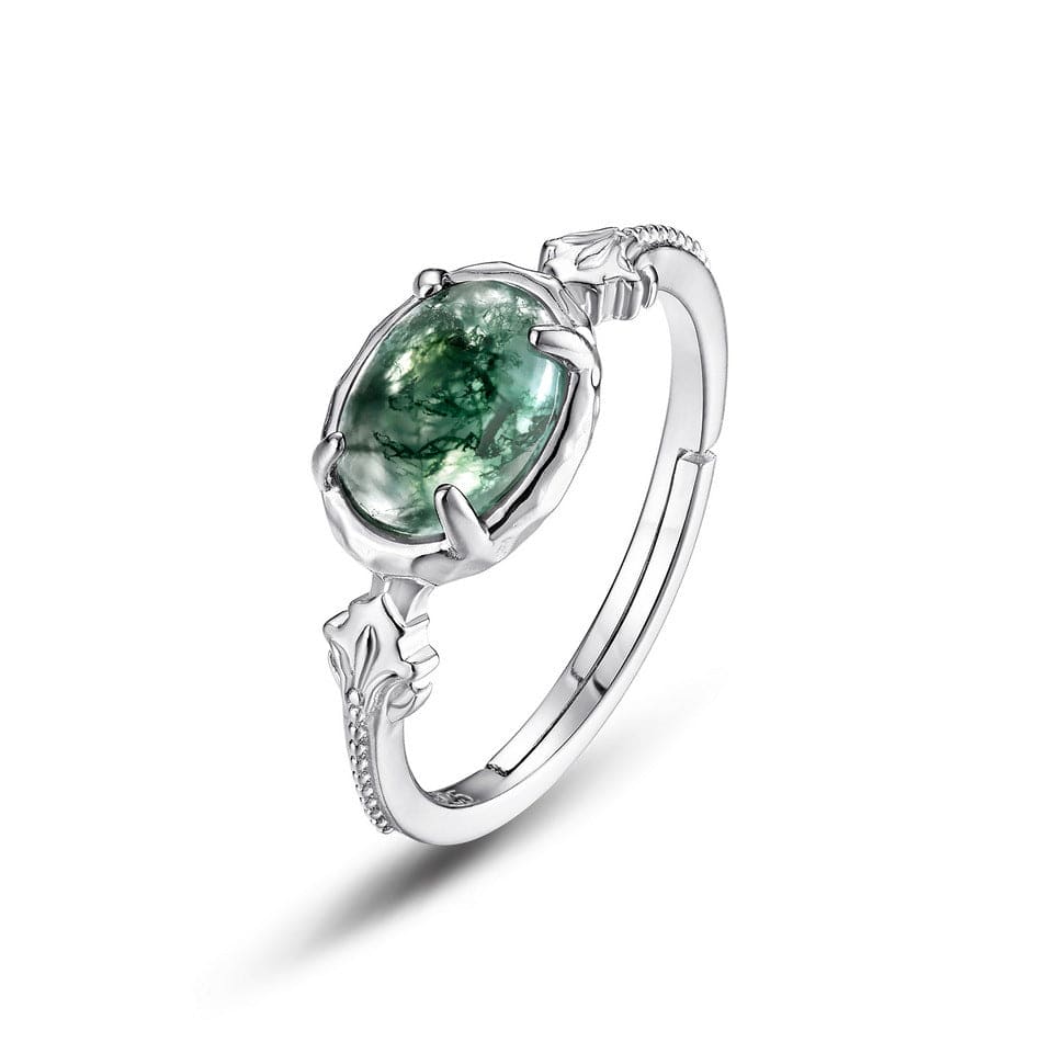 Oval Natural Moss Agate Leaf Engraved Ring - S925 Sterling Silver