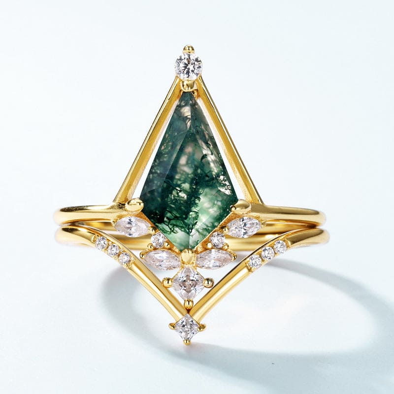 Triangular Moss Agate Diamond Accent Pyramid Ring Set - S925 Sterling Silver