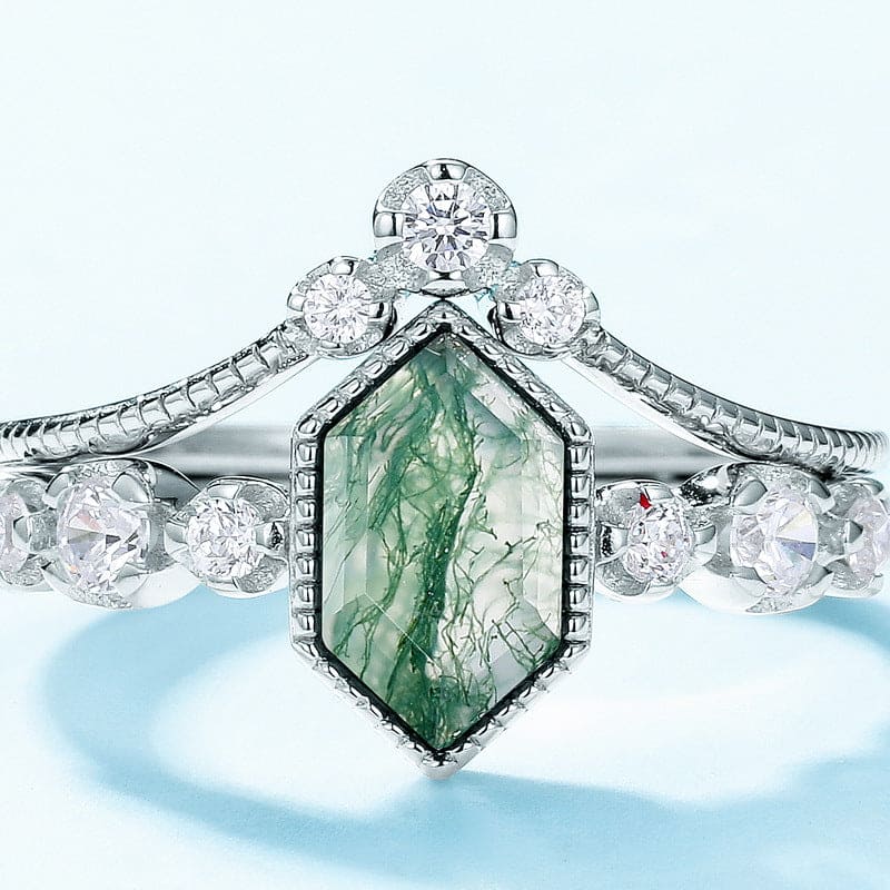 Serenity Kite Cut Moss Agate & Diamond Ring Duo - S925 Sterling Silver