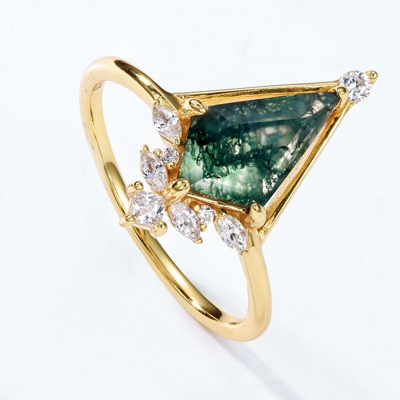 Triangular Moss Agate Diamond Accent Pyramid Ring Set - S925 Sterling Silver