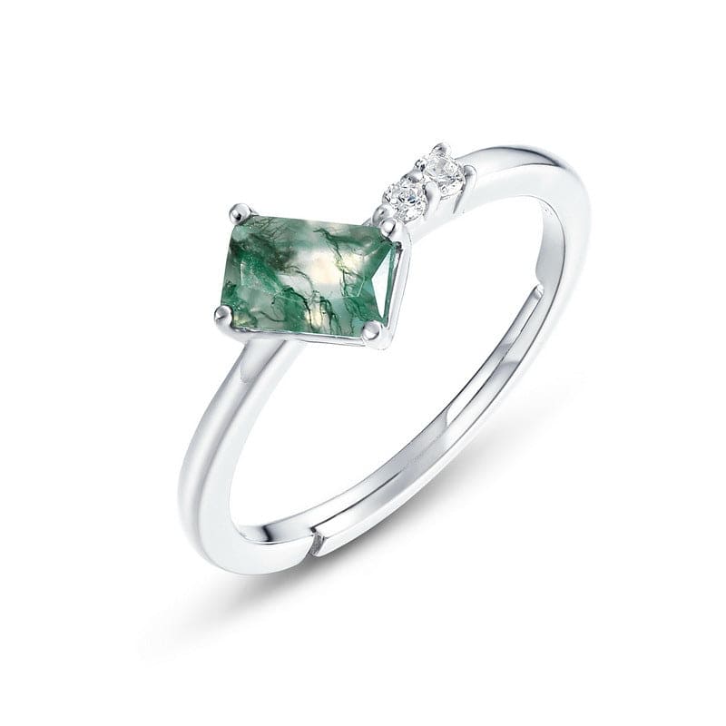 Trio Accent Natural Moss Agate Ring - S925 Sterling Silver