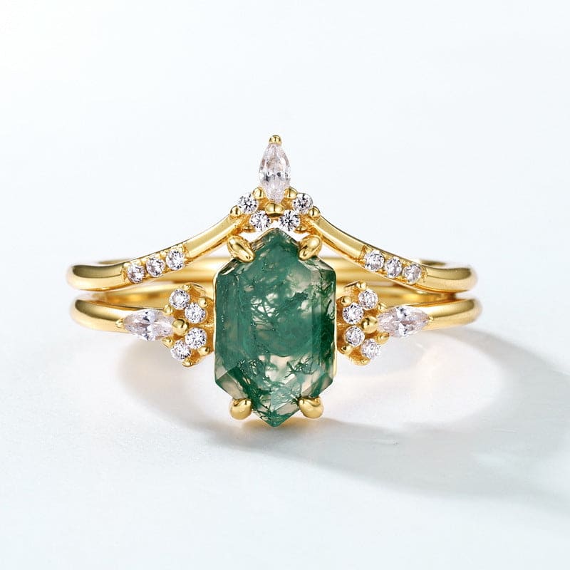 Hexagonal Cut Natural Moss Agate Gold Ring Set - S925 Sterling Silver