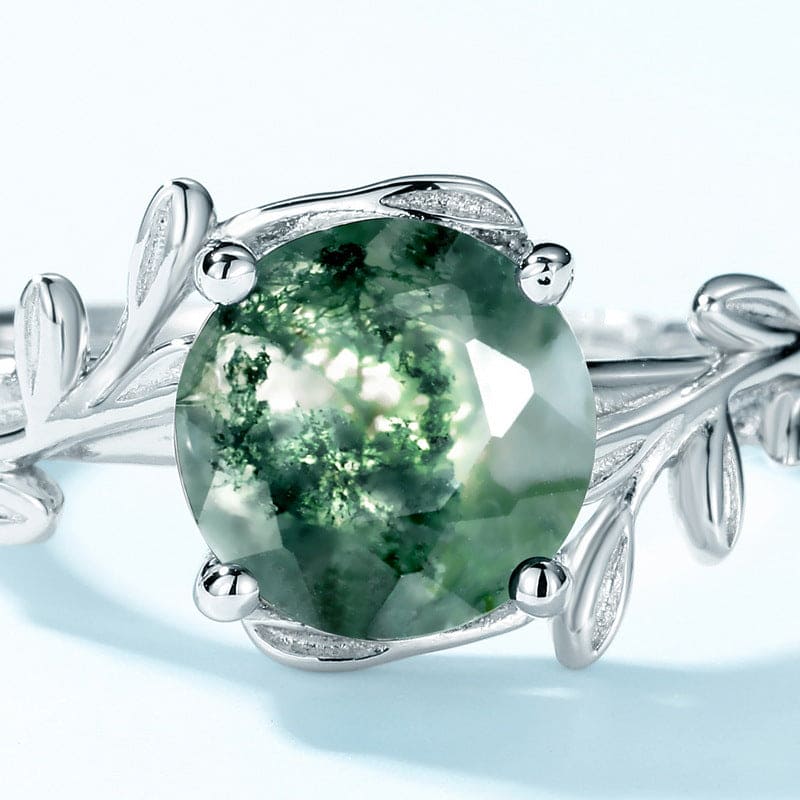Floral Crest Natural Moss Agate Ring - S925 Sterling Silver
