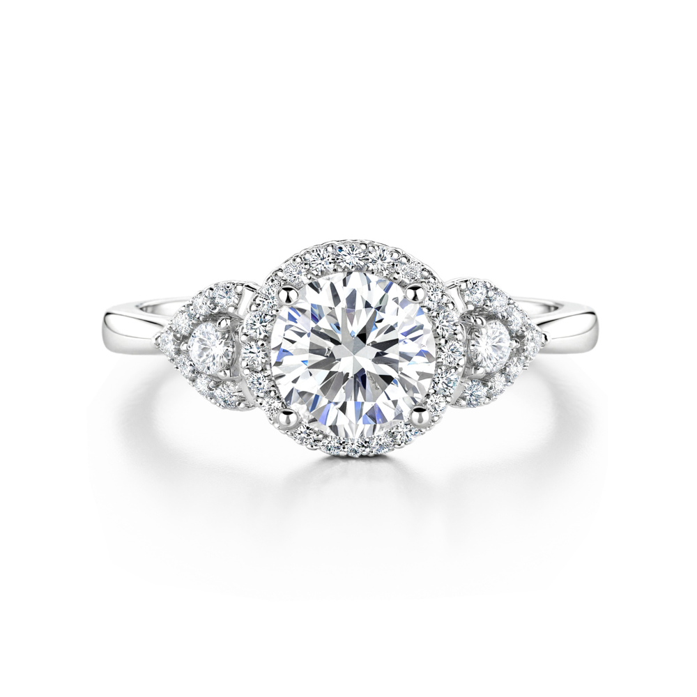 3-Stone Round Cut Halo Moissanite Ring