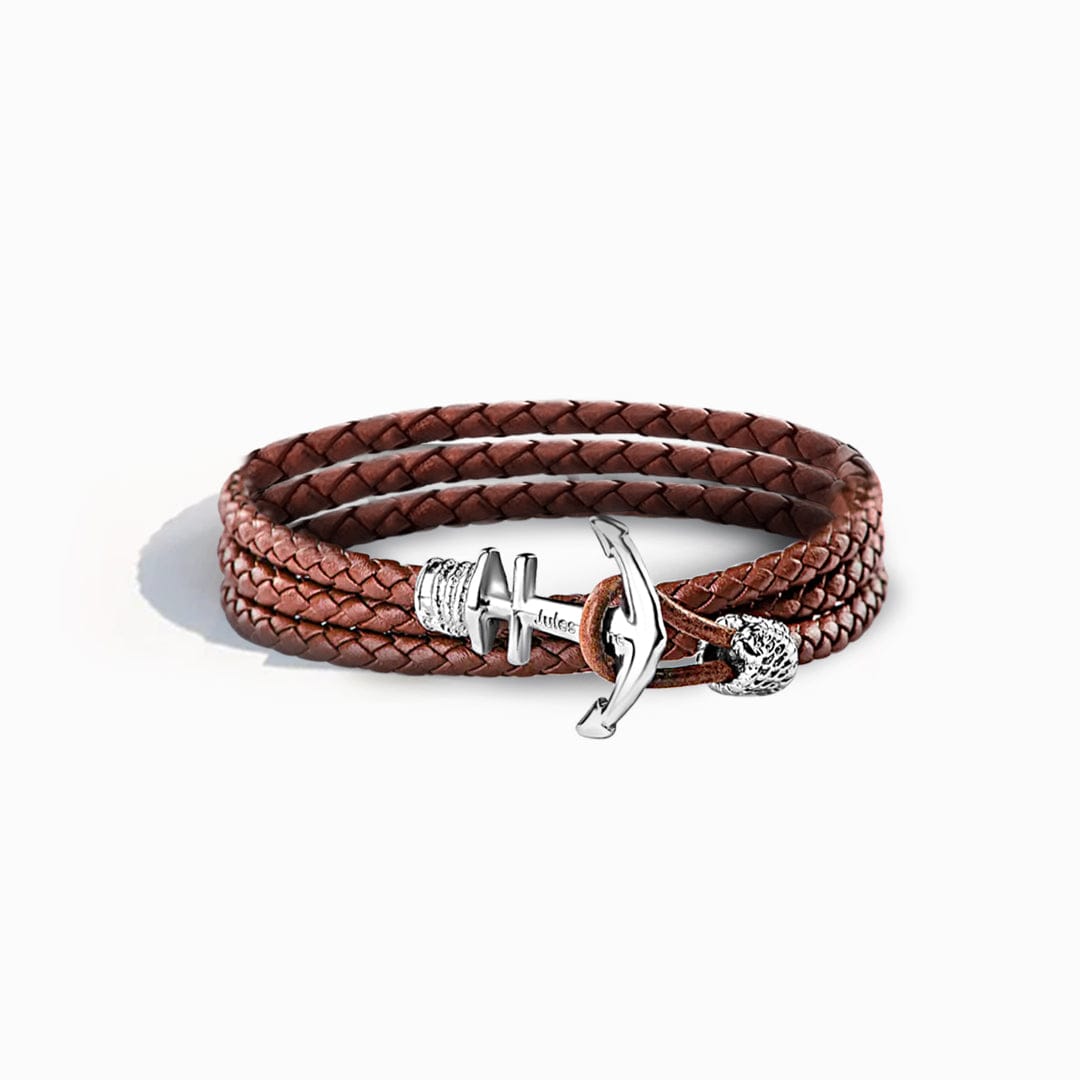 Pulsera de acero y cuero con ancla para hombre