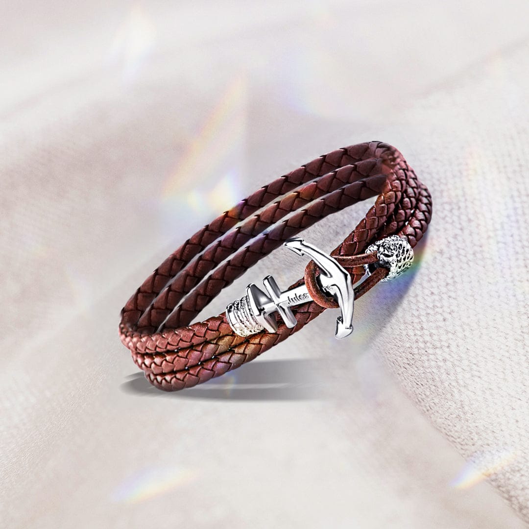 Pulsera de acero y cuero con ancla para hombre