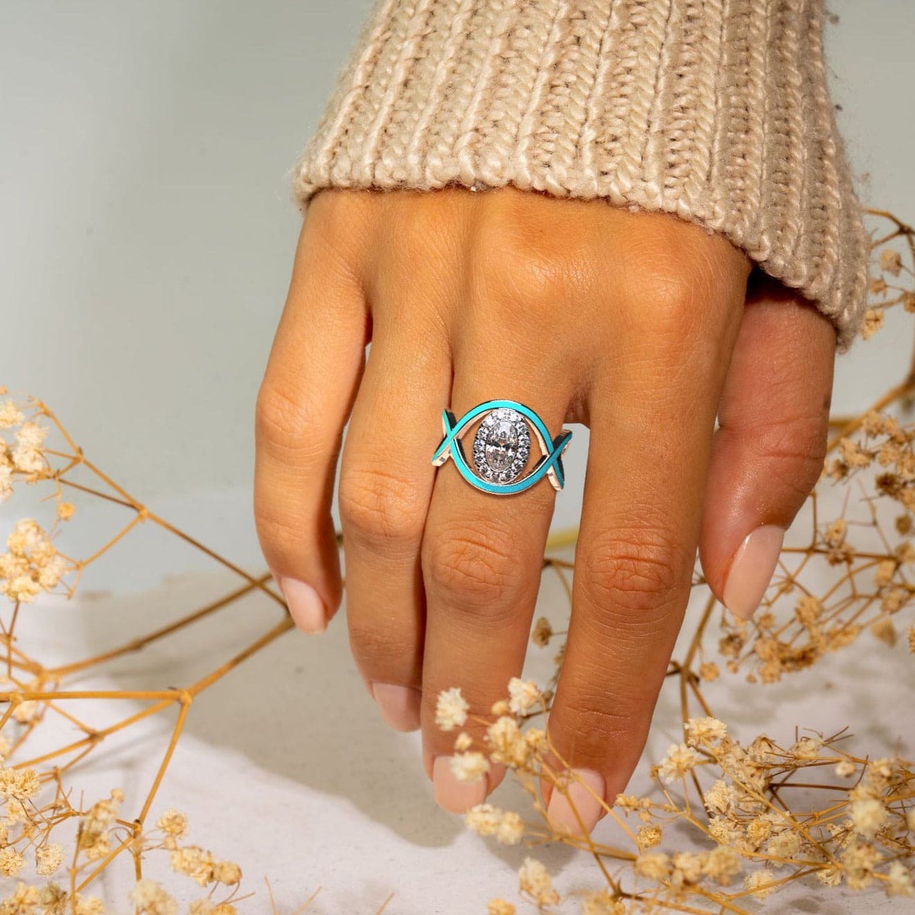 Turquoise Waves: Opal Cut Diamond Ring - S925 Sterling Silver