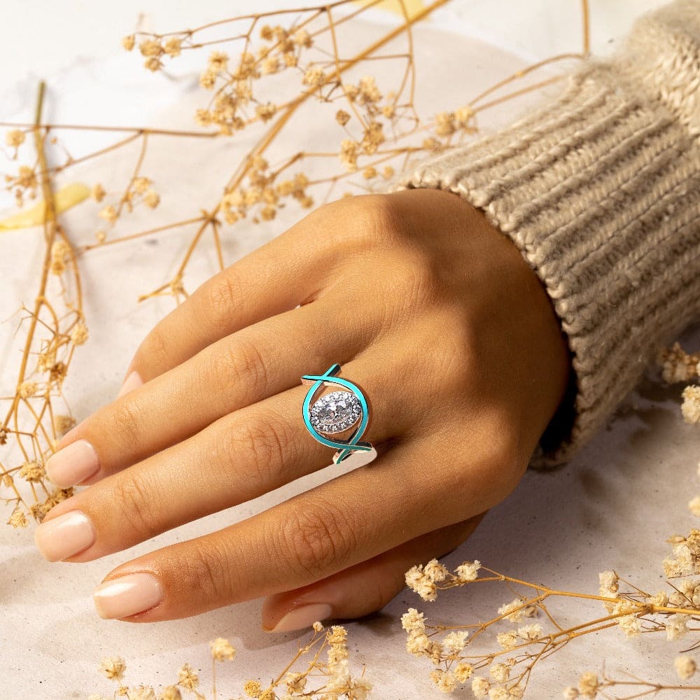 Turquoise Waves: Opal Cut Diamond Ring - S925 Sterling Silver