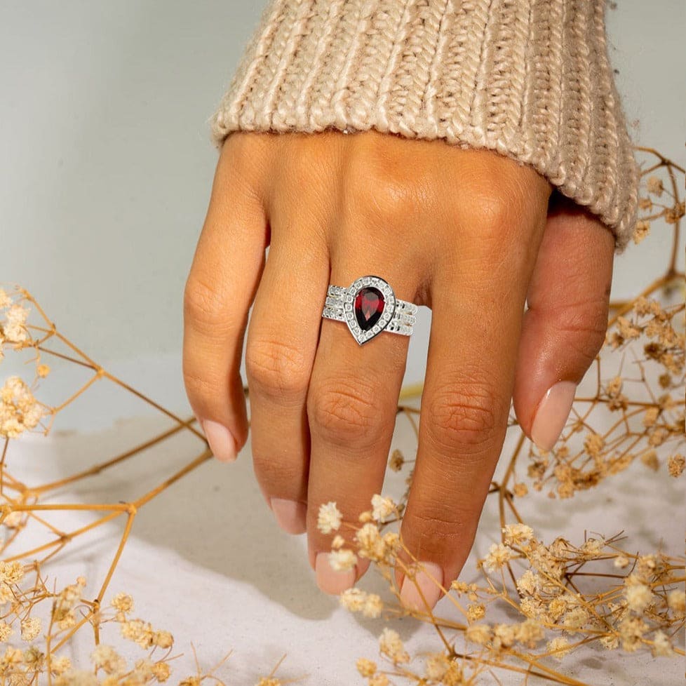 Crimson Teardrop: Pear Shaped Ruby Cut Halo Ring - S925