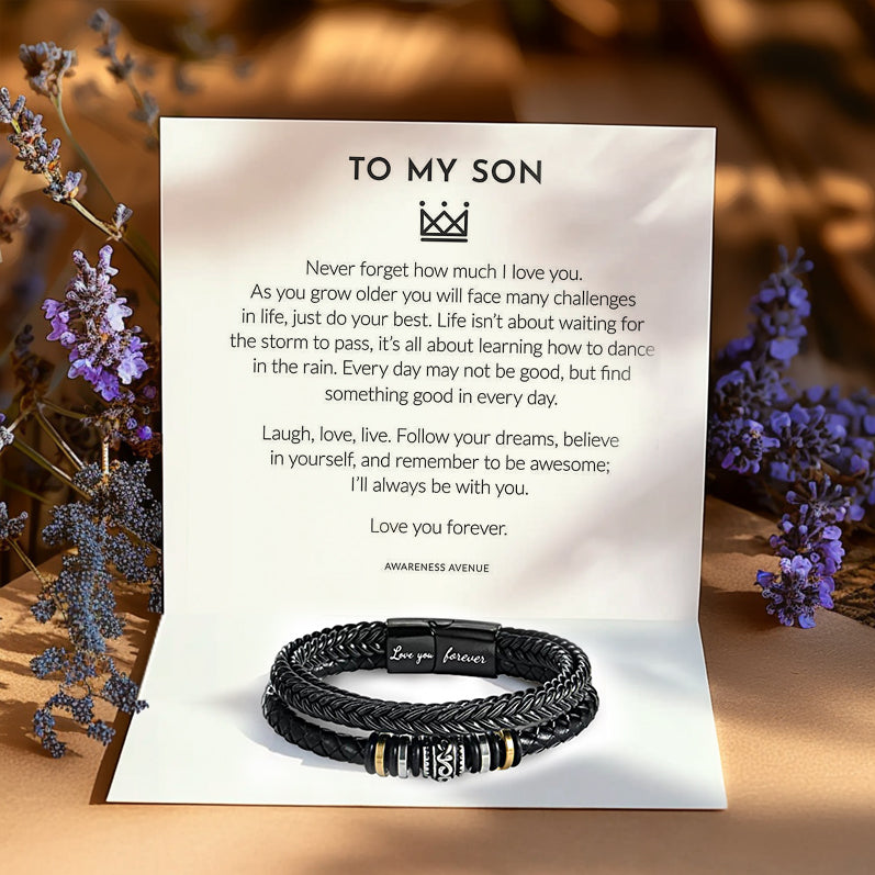 Engraved mom to son bracelet showing love and support in durable design.