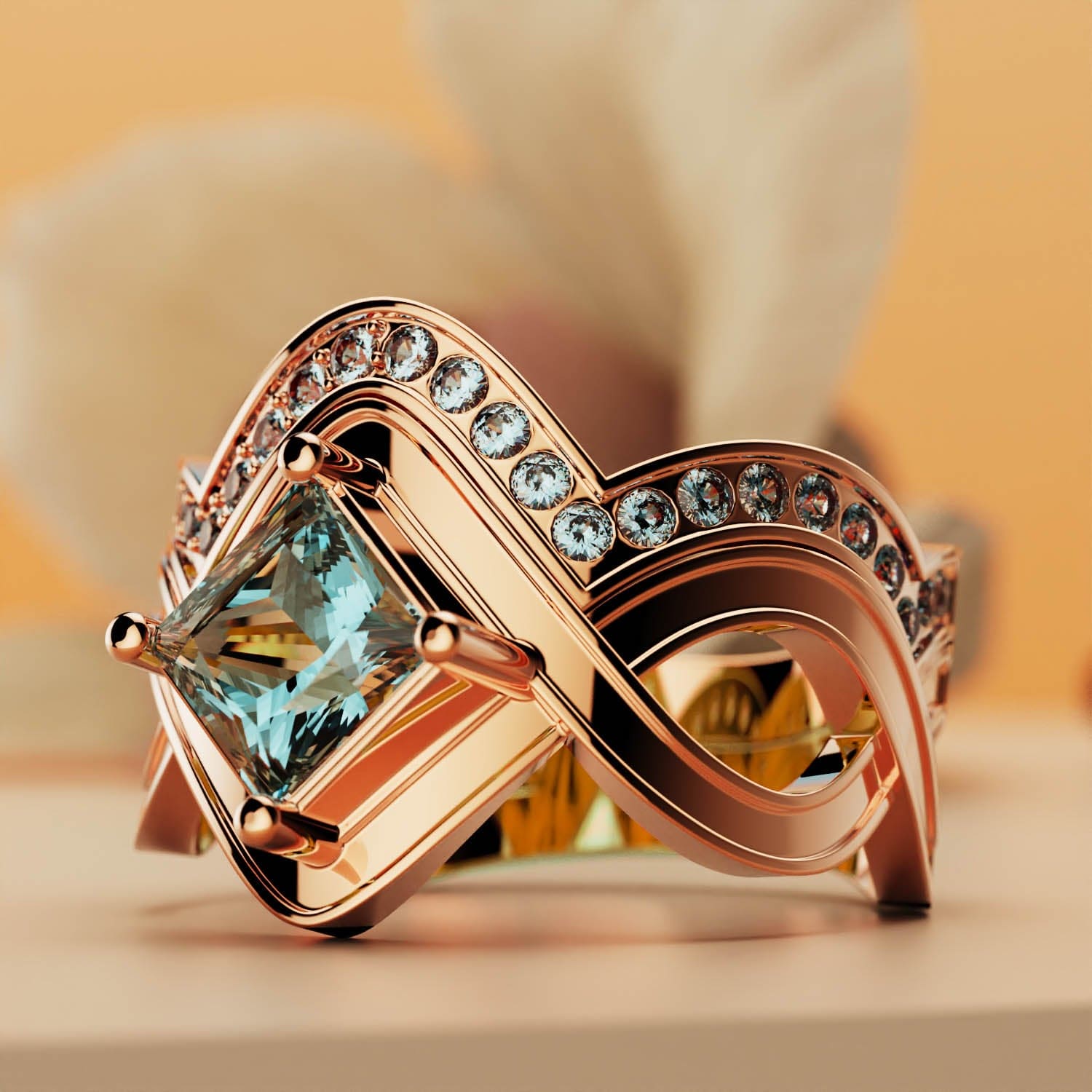 Aqua Elegance: Princess Cut 2 Piece Ring - 18K Rose Gold Vermeil