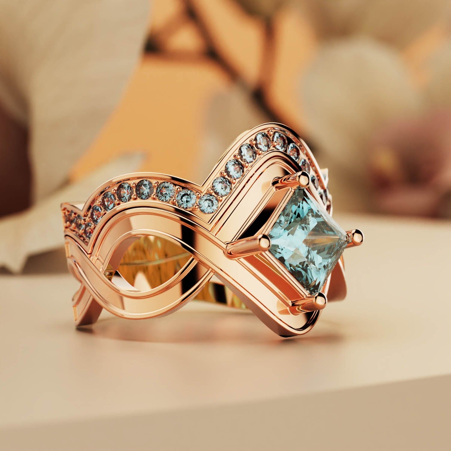 Aqua Elegance: anillo de dos piezas de corte princesa en oro vermeil rosa de 18 quilates