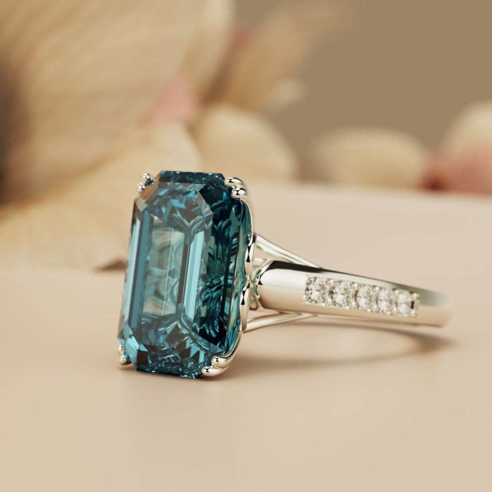 Azure Dream: Emerald-Cut Diamond Silver Ring | Unique Sculpted Design ...