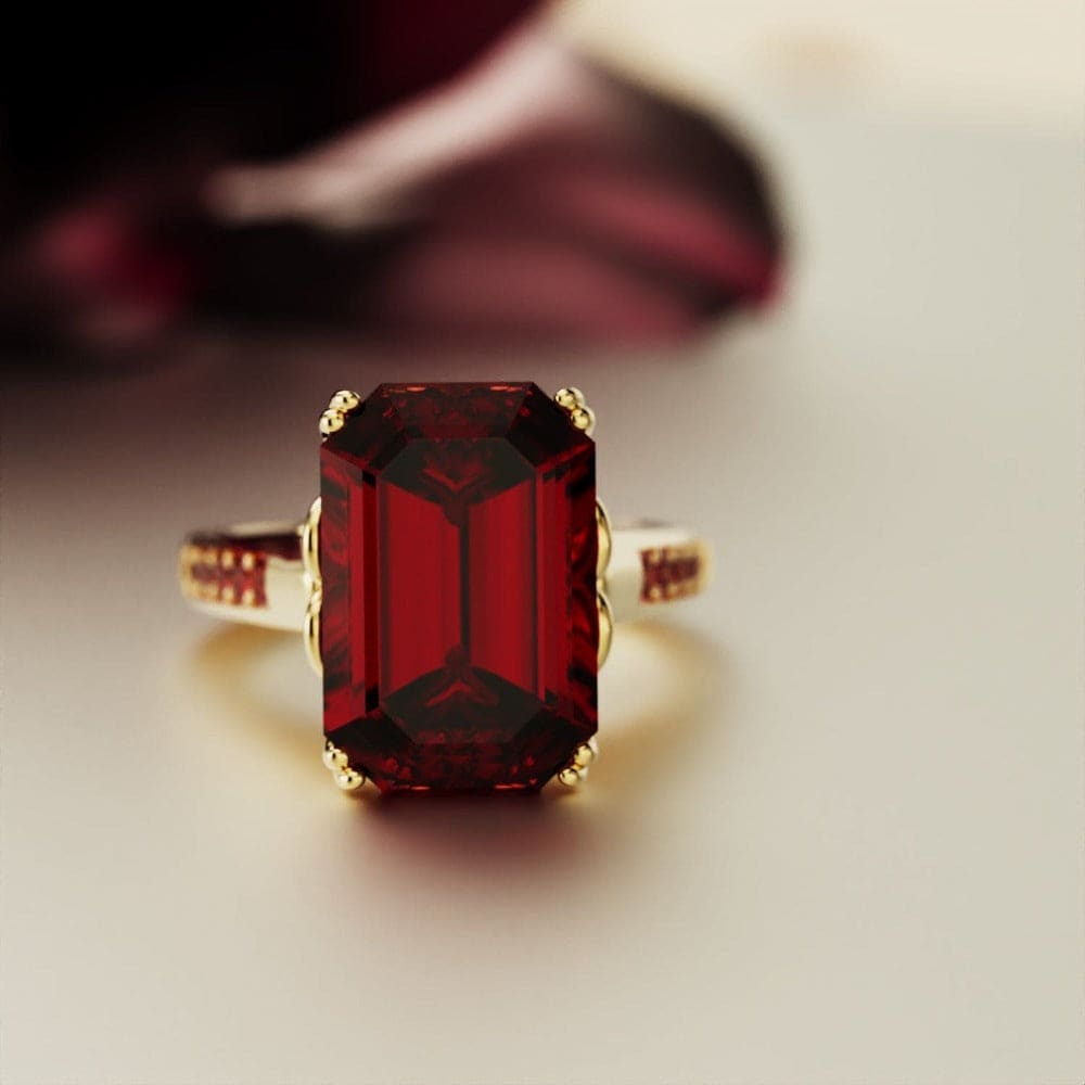 Red Dream: Emerald-Cut Garnet Sculpted Ring - 18K Gold Vermeil